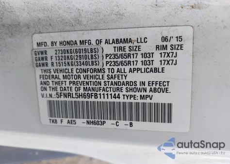 2015 Honda Odyssey Ex-L из США, поврежденный, VIN 5FNRL5H69FB111144